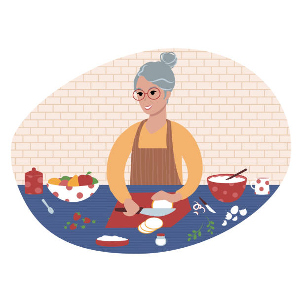 Senior woman preparing a meal. Flat style illustration. Senior smiling caucasian woman cooking food. Meal preparation illustration. Flat style vector. middle aged woman cooking stock illustrations