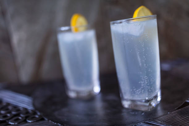 Close-up of two tall gin tonics with ice and a slice of lemon. Cocktail photography. club soda stock pictures, royalty-free photos & images