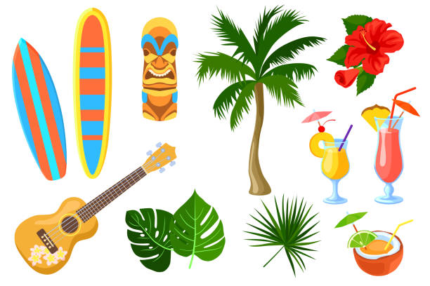 illustrazioni stock, clip art, cartoni animati e icone di tendenza di set di cartoni animati hawaiani e simboli di viaggio - tropical climate polynesia flower pacific islands