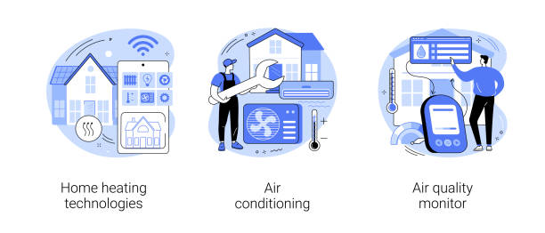 Home automation abstract concept vector illustrations. Home automation abstract concept vector illustration set. Home heating technologies, air conditioning and quality monitor, save energy, smart cooling, air filtering, thermostat abstract metaphor. air quality stock illustrations