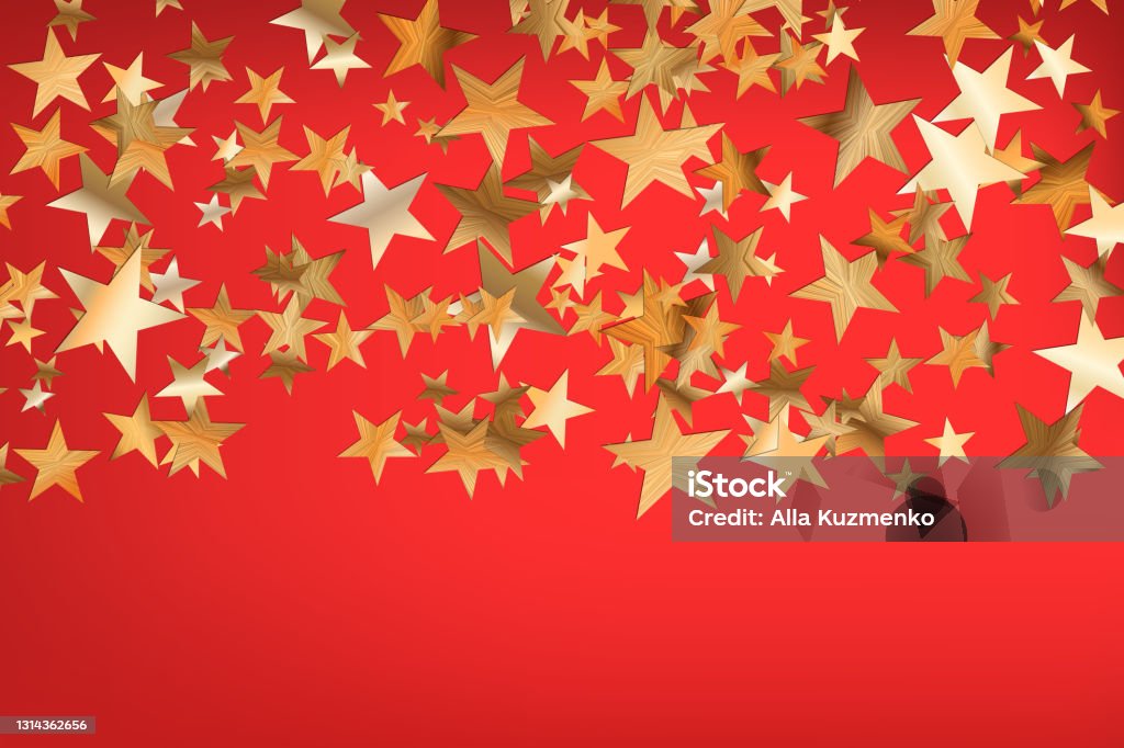 Stars Golden Glitter Confetti Isolated On Blurred Abstract Red