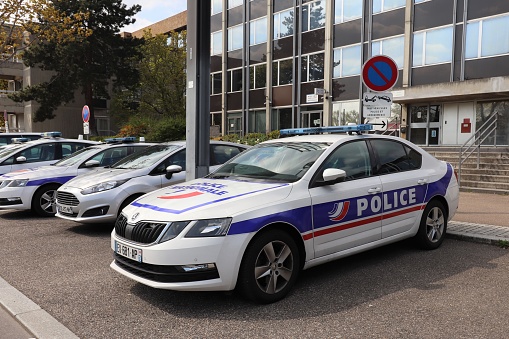 Police cars in front of the police station, town of Vénissieux, Rhône department, France