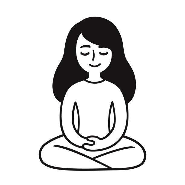 Woman sitting in meditation Young woman sitting in meditation. Cute girl doodle. Simple black and white drawing, vector illustration. spirituality smiling black and white line art stock illustrations