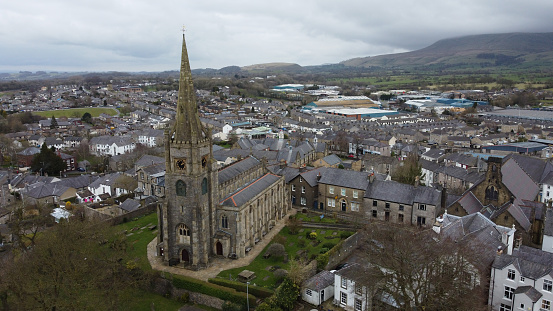 Drone view of the ribble valley landsape. Large lancashire church