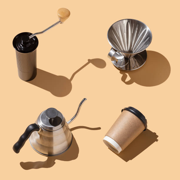 Everything you need for making coffee shot in isometry, coffee grinder, funnel v60, kettle, cup on a beige background, hard trend light