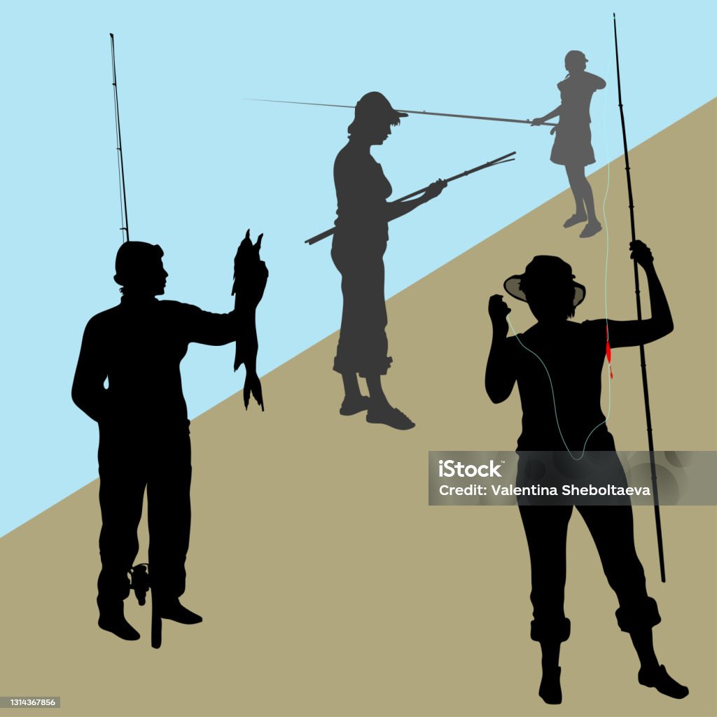 Vector Silhouettes Teenager Girl With Mom Fishing Woman In A Hat