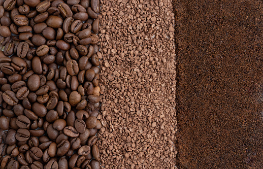Background of roasted coffee beans, granulated chicory and ground coffee. Background of coffee beans and coffee powder.