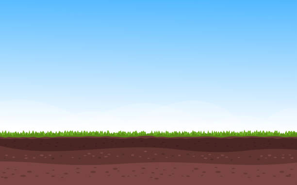 Soil layers with grass and blue sky Soil layers with green grass and high blue sky. Fertile land background ecology concept vector illustration land stock illustrations