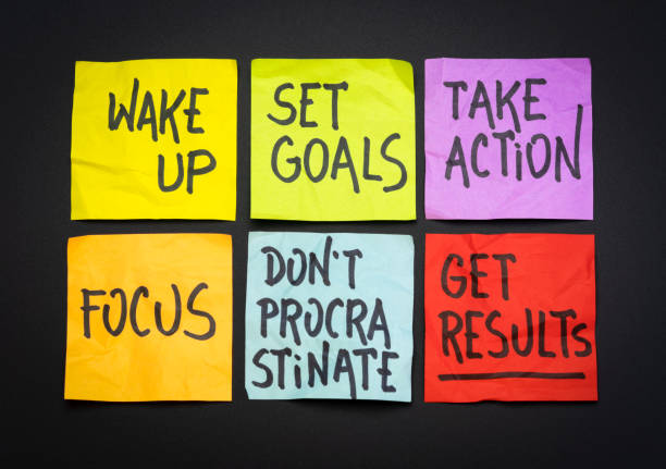 istock wake up, set goals, take action, get results - set of motivational notes 1314372743