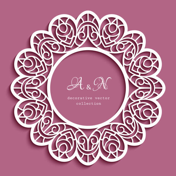 Circle frame with cutout lace border pattern Circle frame with ornamental lace border, cutout paper pattern, elegant template for laser cutting, round lacy decoration for wedding invitation card design lace doily crochet craft product stock illustrations