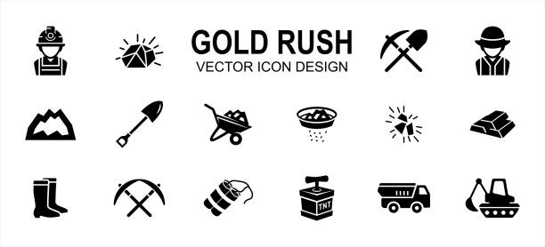 einfache satz von gold rausch bergbau verwandte vektor symbol benutzeroberfläche grafikdesign. enthält symboleweise goldnugget, spaten, arbeiter, job, berg, schubkarre, pfanne, schwenken, dynamit, lkw, stiefel - goldnugget stock-grafiken, -clipart, -cartoons und -symbole