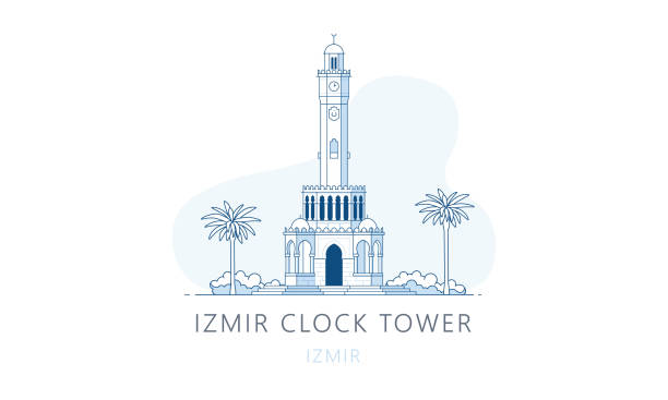 illustrazioni stock, clip art, cartoni animati e icone di tendenza di torre dell'orologio di smirne. il famoso punto di riferimento di smirne, luogo di attrazione turistica, illustrazione vettoriale skyline, grafica di linea per pagine web, app mobili e poligrafia. - torre dellorologio torre