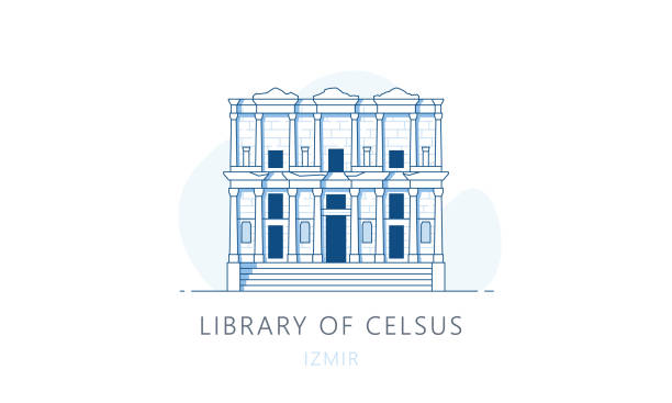 библиотека celsus, izmir.the знаменитая достопримечательность измира, место притяжения туристов, иллюстрация вектора горизонта, графика линии дл� - izmir stock illustrations