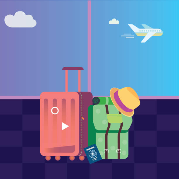 ilustrações de stock, clip art, desenhos animados e ícones de travel suitcases at the airport. flat design vector illustration. stock illustration - packing bag travel