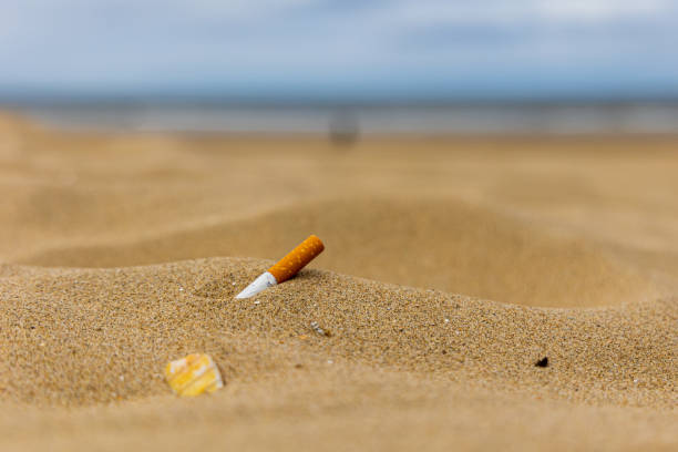 plage normale avec la litière de mégot de cigarette - mégot de cigarette photos et images de collection