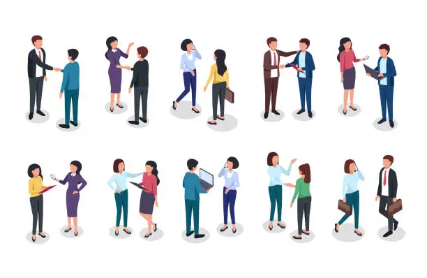 Vector illustration of Isometric business people. Office woman, man standing, discussing corporate deal, greeting. Employees and boss, professional team 3d vector set