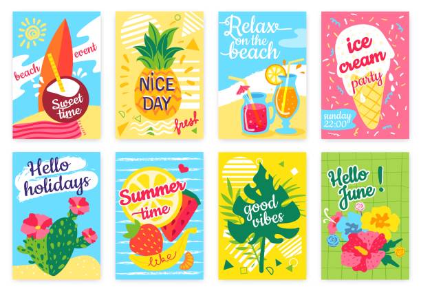 ilustraciones, imágenes clip art, dibujos animados e iconos de stock de cartel de verano. folleto de fiesta en la playa con mar, tabla de surf, cócteles, piña, frutas, helado, hojas tropicales. conjunto de vectores de hello holidays o banner de vacaciones - june