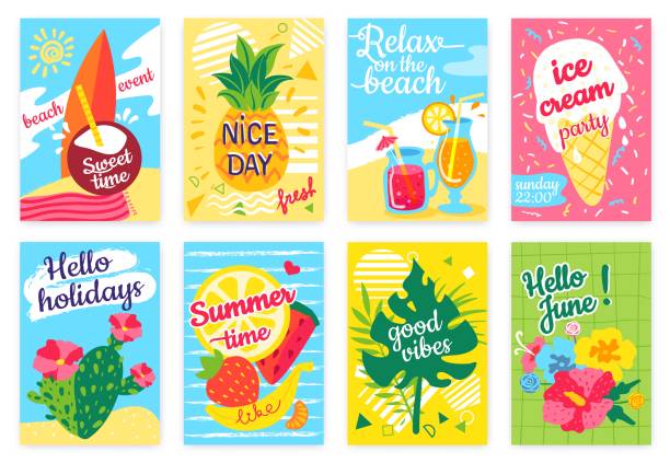 Summer poster. Beach party flyer with sea, surfboard, cocktails, pineapple, fruits, ice cream, tropical leaves. Hello holidays or vacation banner vector set Summer poster. Beach party flyer with sea, surfboard, cocktails, pineapple, fruits, ice cream, tropical leaves. Hello holidays or vacation banner vector set. Relax on beach, nice day june stock illustrations
