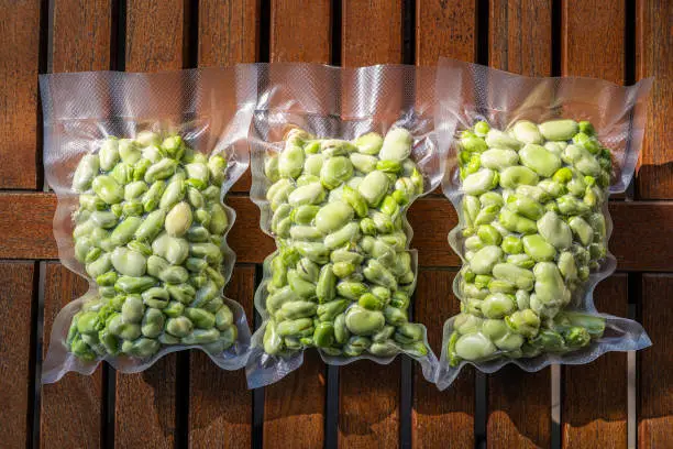 Broad Beans also Lima Beans peeled in vacuum sealed plastic bag ready to be frozen on wooden table just after hasvested and peeled