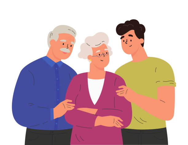 illustrazioni stock, clip art, cartoni animati e icone di tendenza di ritratto di famiglia felice che si abbraccia - senior adult senior couple grandparent retirement