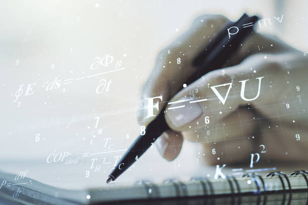 istock Creative scientific formula hologram with woman hand writing in notepad on background, research concept. Multiexposure 1314385477