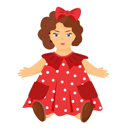 Drawing of a doll in a red dress and with a bow in her hair. Vector illustration of a children's toy for girls.