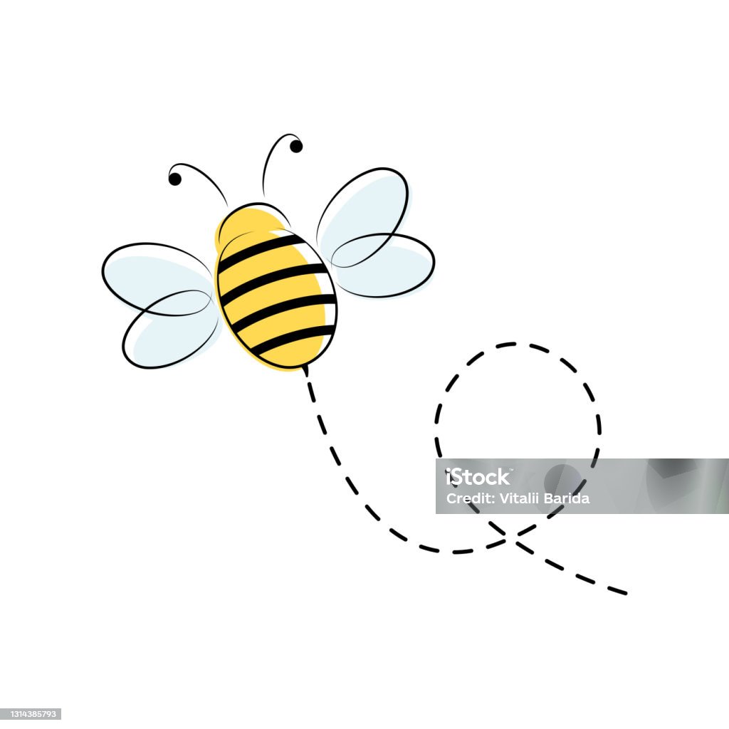Bee flying on a dotted route. Bee flying on a dotted route. Cute bee character. Vector illustration isolated on the white background Bee stock vector
