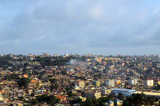 Conakry / Konaakiri, Guinea: the city from above - dense city with more than 3 million inhabitants, making it the largest city in the country - Kaloum Peninsula