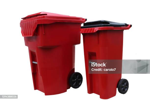Two Red Garbage Cans Isolated On White With Clipping Path Stock Photo - Download Image Now