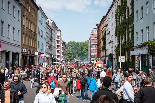 Berlin, Germany - May 01, 2019: People on street at myfest celebration on mayday , 1. mai, Berlin, Kreuzberg