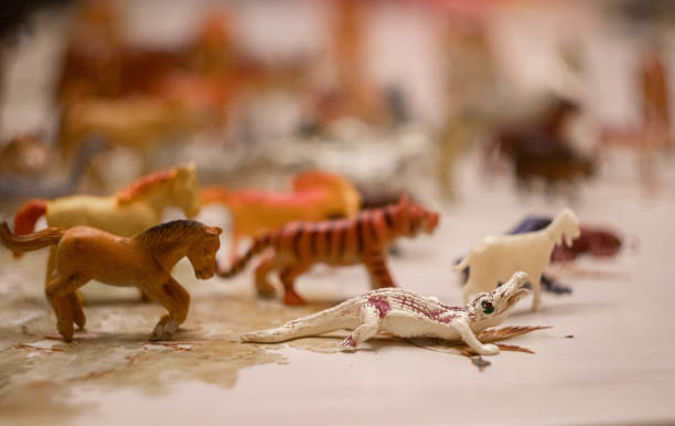 istock Lifelike old-fashioned toy animals on the white background 1314391908