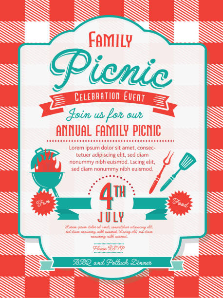 Trendy and stylized Family Picnic BBQ Party invitation design template for summer cookouts and celebrations Vector illustration of a Trendy and stylized Family Picnic BBQ Party invitation design template for summer cookouts and celebrations. Includes bbq grill and utensils, placement text. Easy to edit and customize with layers. Download includes vector eps 10 and high resolution jpg. tablecloth illustrations stock illustrations