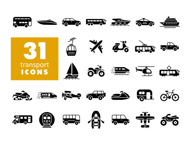ilustraciones, imágenes clip art, dibujos animados e iconos de stock de vector de transporte icono glifo plano conjunto aislado - tipo de transporte