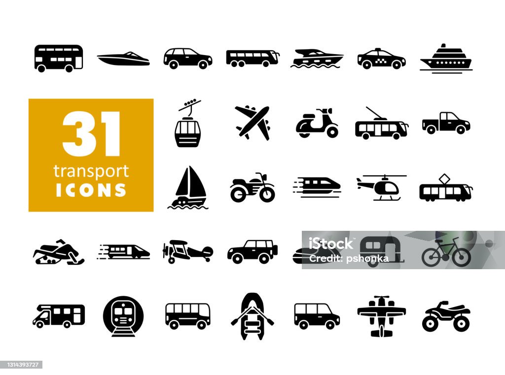 Transportation vector flat glyph icon set isolated Transportation vector flat glyph icon set. Graph symbol for travel and tourism web site and apps design, logo, app, UI Icon stock vector