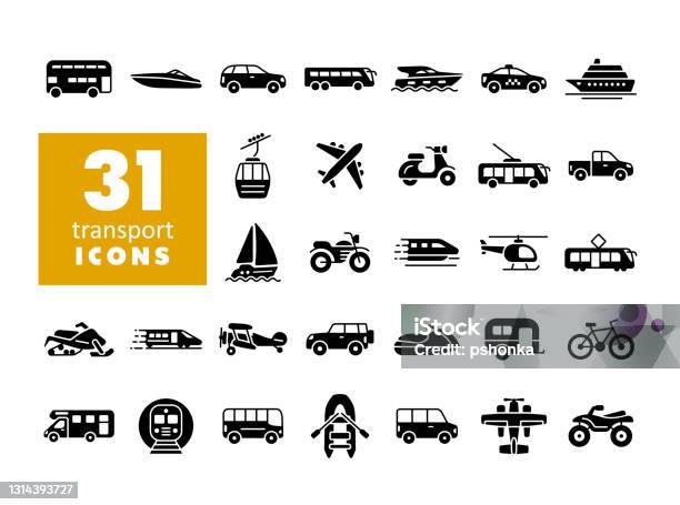 Transportation Vector Flat Glyph Icon Set Isolated Stock Illustration - Download Image Now - Icon, Transportation, Travel