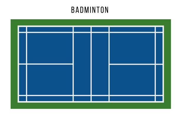 Badminton court top view. Badminton court top view. Blue court for playing sport game. Flat vector illustration. badminton stock illustrations