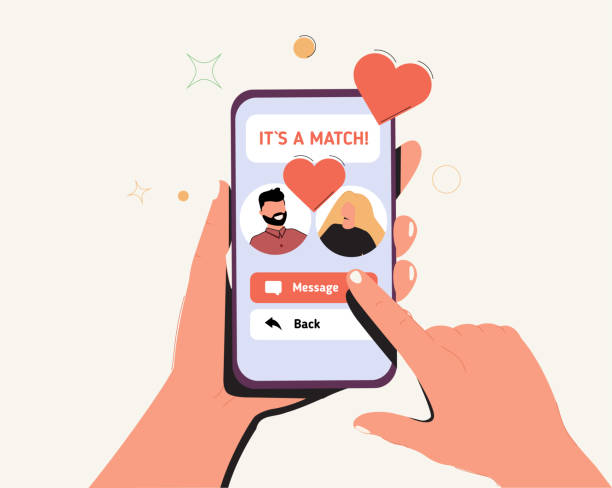 ilustrações de stock, clip art, desenhos animados e ícones de female hand holding mobile phone with dating app interface. couple match in online application on smartphone. virtual - internet dating