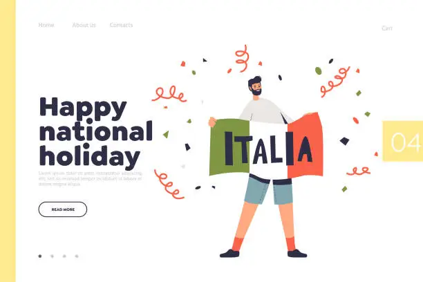 Vector illustration of Italy, happy national holiday concept of landing page with man holding italian flag
