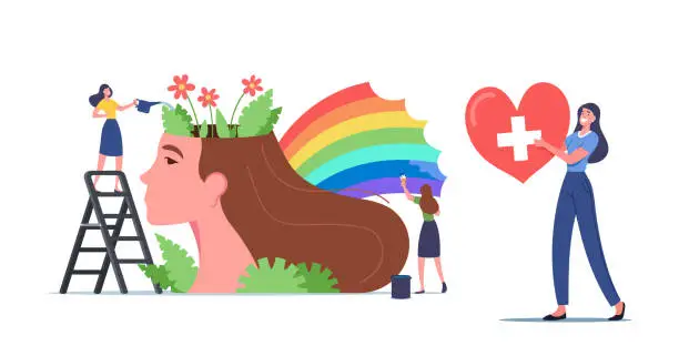 Vector illustration of Mental Health Concept. Tiny Women Characters Watering Flowers and Painting Rainbow at Huge Female Head. Healthy Mind