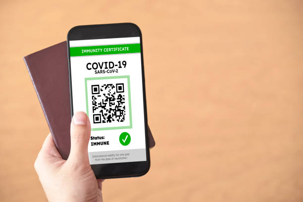 istock Hand holding a passport and a smartphone with a Covid19 immunity certificate 1314399231