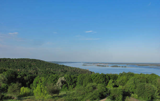 istock landscape background: green forest, river with islands and blue sky 1314399670