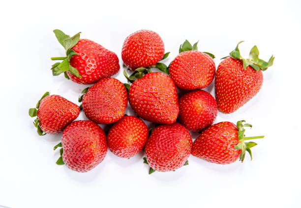 istock Bright red strawberry with green petals isolated on white background 1314400694