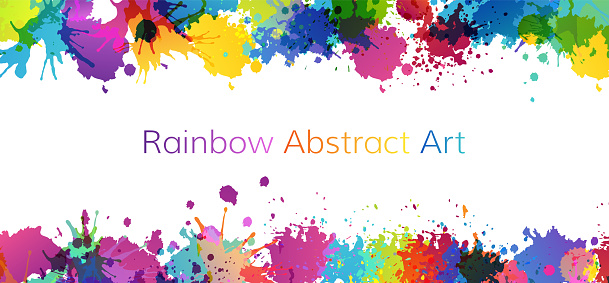 Colorful artistic banner with paint splashes design elements. Rainbow colored background.