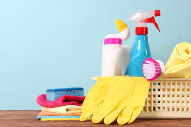 istock Means for cleaning and disinfection close-up on a colored background. 1314405570