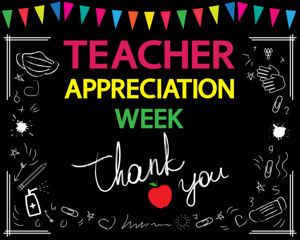 Teacher appreciation week concept. Thank you, teacher, white vector lettering on blackboard. Garland and school patterns. teacher appreciation week stock illustrations