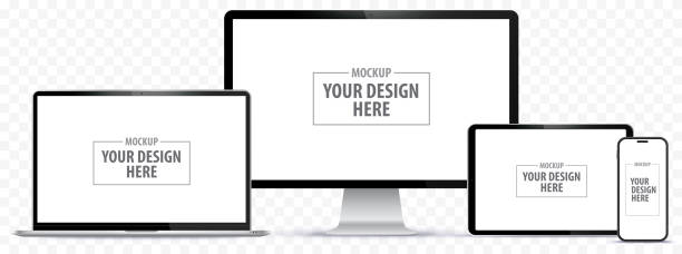 Mobile Phone, Tablet PC, Computer Monitor and Laptop Vector Illustration Set With Transparent Background Easy editable, realistic style digital devices mockup. device mockups stock illustrations