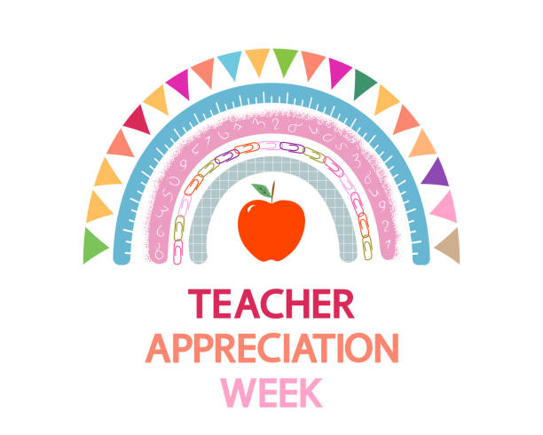 Teacher Appreciation Week school vector banner. Cute rainbow, apple and text on white. teacher appreciation week stock illustrations