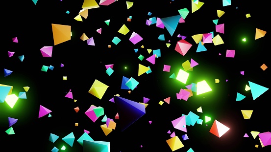 3d render. Abstract festive background with cloud of pyramids flashing neon light randomly. Multi-colored pyramids in the air