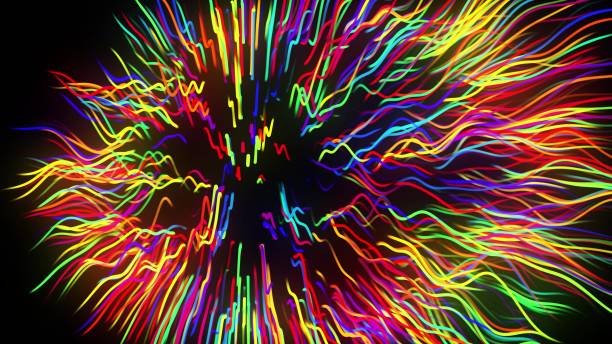 istock 3d render. Motion design background. Festive bg with multicolored particles. Abstract 3d bg with glow particles lined up in a row along curved waving lines in 3d space. 1314406492