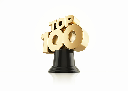 Gold colored top 100 award sitting on white background. Horizontal composition with copy space. Low angle view. Top 100 concept.